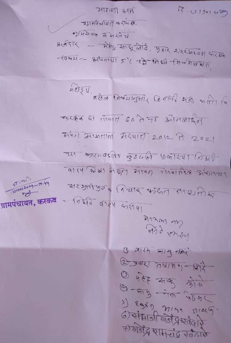 *शासन निर्णयानुसार अपंगांना गाळे वाटप करावे.* *करकंब येथील अपंगाचा पाच टक्के निधी देण्याची मागणी*
